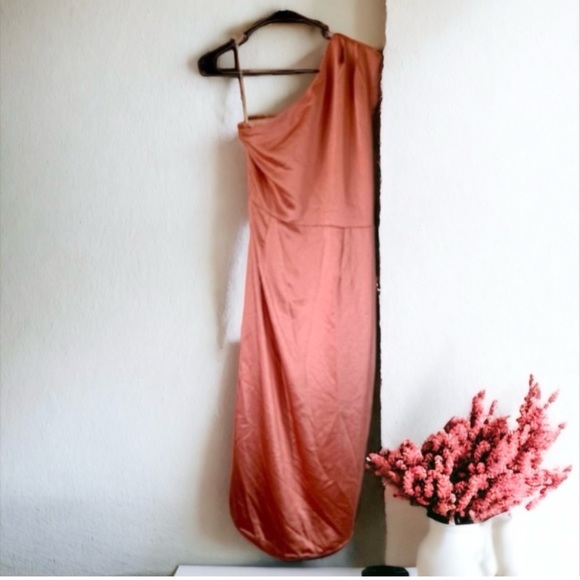 ELLIATT Coral Cassini Satiny Shiny One Shoulder Ruched Dress by Nordstrom Size L - Picture 5 of 16